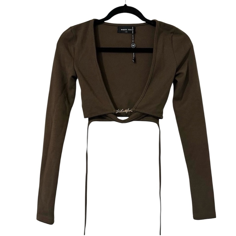 White Fox Cropped Long Sleeve Tie Metal Detail Top Womens XS Brown